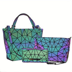 3Pcs Geometric Luminous Bag Set - Handbag, Crossbody Bag, Clutch Purse