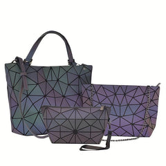 3Pcs Geometric Luminous Bag Set - Handbag, Crossbody Bag, Clutch Purse