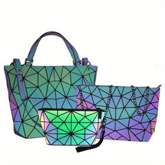 3Pcs Geometric Luminous Bag Set - Handbag, Crossbody Bag, Clutch Purse