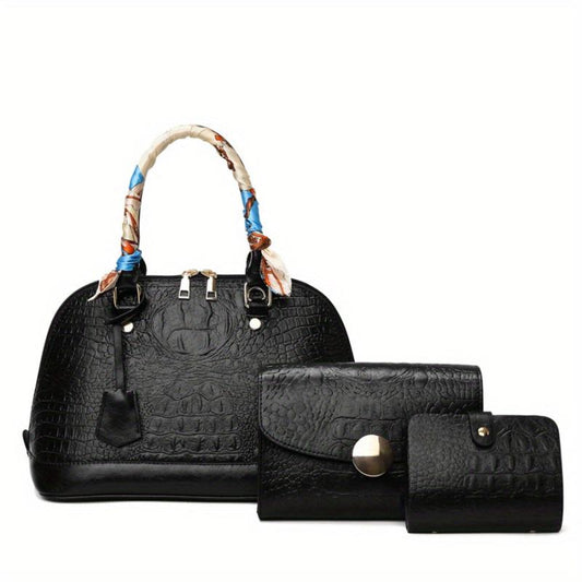 3pcs Crocodile Embossed Bag Set - Women's Office Handbags With Clutch & Card Hol