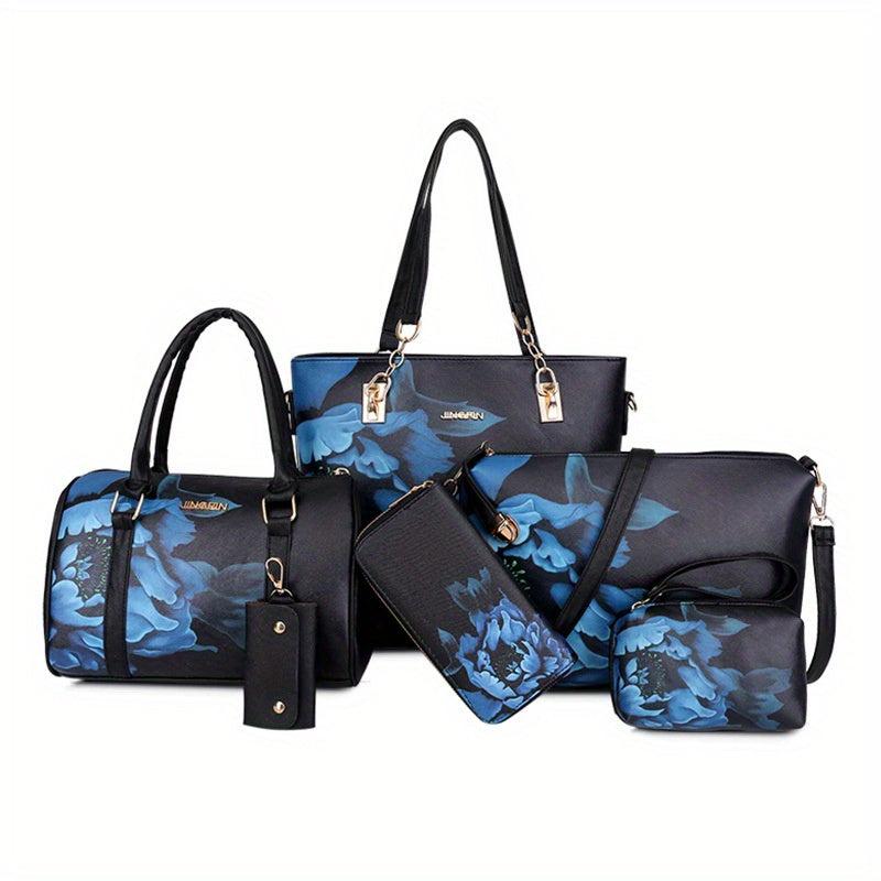 5Pcs Flower Pattern Handbag Set Vintage Tote Bag Boston Crossbody Clutch Wallet