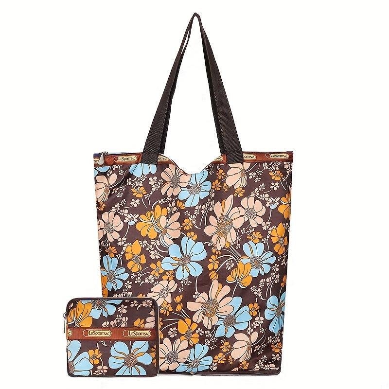 2Pcs Flower Tote Bag Set Women's Nylon Shoulder Bag With Coin Purse