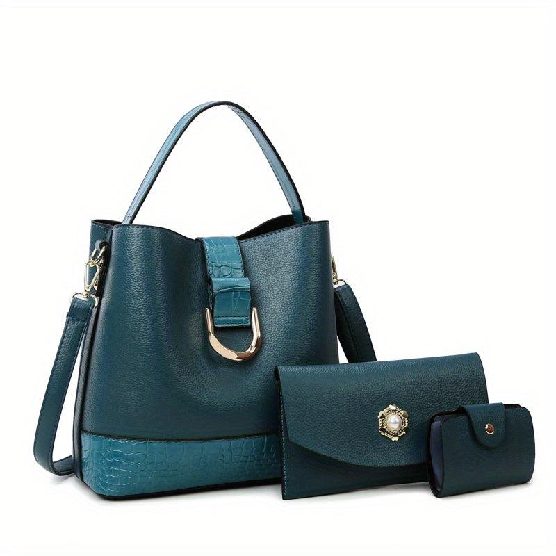 3pcs Textured PU Leather Tote Clutch Set