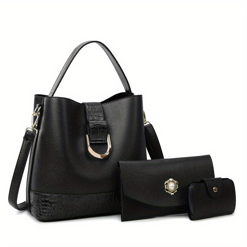 3pcs Textured PU Leather Tote Clutch Set
