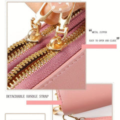Heart Decor Long Wallet Double Zipper Clutch Purse with Wristlet
