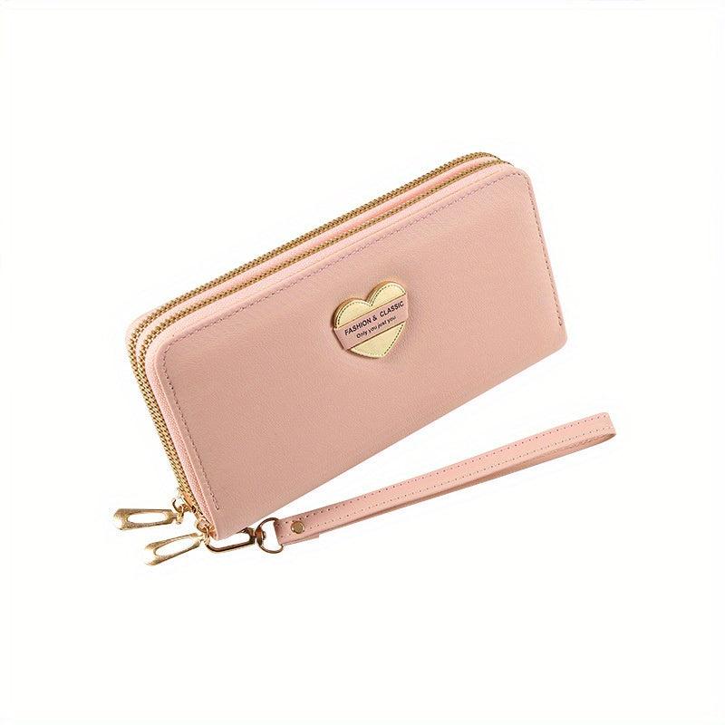 Heart Decor Long Wallet Double Zipper Clutch Purse with Wristlet