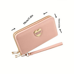 Heart Decor Long Wallet Double Zipper Clutch Purse with Wristlet