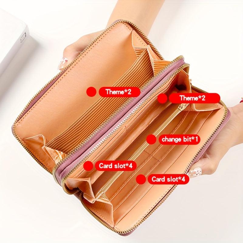 Heart Decor Long Wallet Double Zipper Clutch Purse with Wristlet