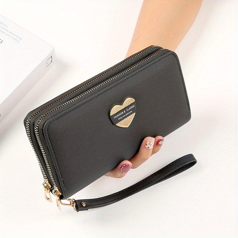 Heart Decor Long Wallet Double Zipper Clutch Purse with Wristlet