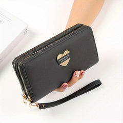 Heart Decor Long Wallet Double Zipper Clutch Purse with Wristlet