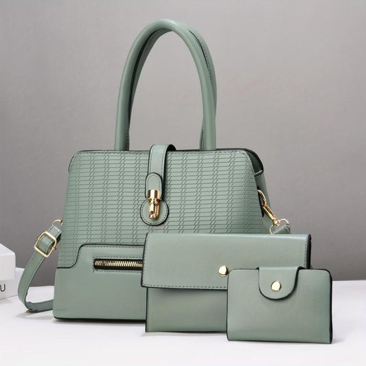 Solid Plaid Bag Set Shoulder Bag with Clutch Wallet & Credit Card Case