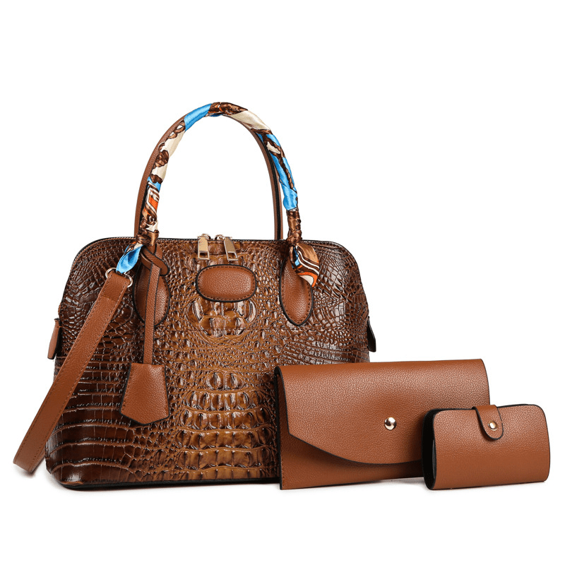 Crocodile Pattern Tote Bag Faux Leather Shoulder Bag Set With Zipper