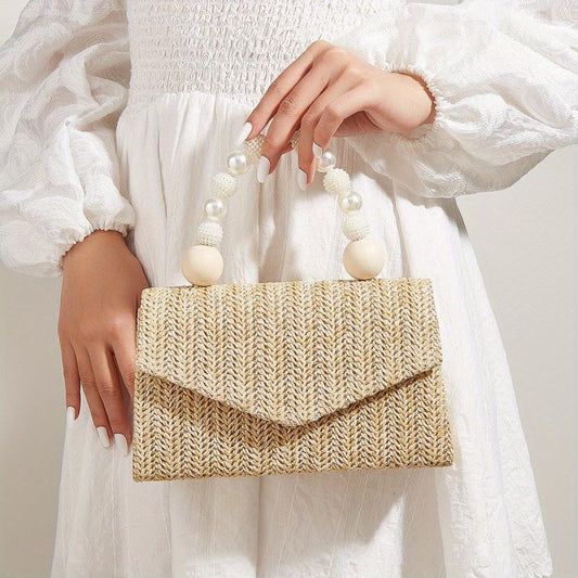 Straw Woven Evening Bag with Faux Pearl Handle Clutch Purse