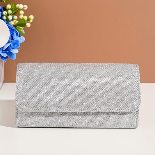 Glitter Flap Evening Bag Chain Strap Silver Clutch Bag