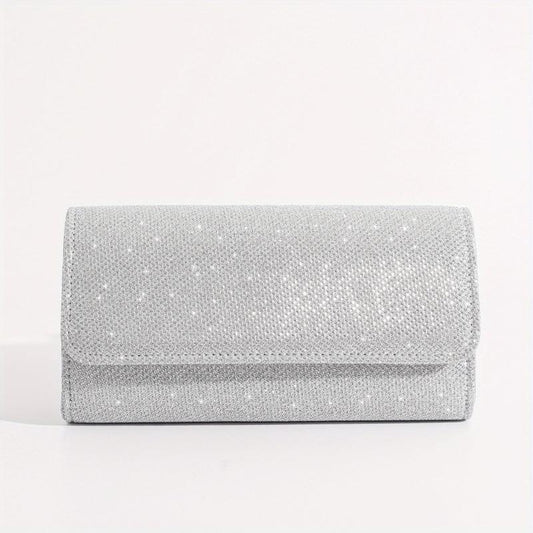Glitter Flap Evening Bag Chain Strap Silver Clutch Bag