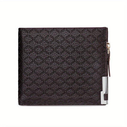 Men's Leather Short Wallet Money Clip Argyle Pattern Horizontal Wallet