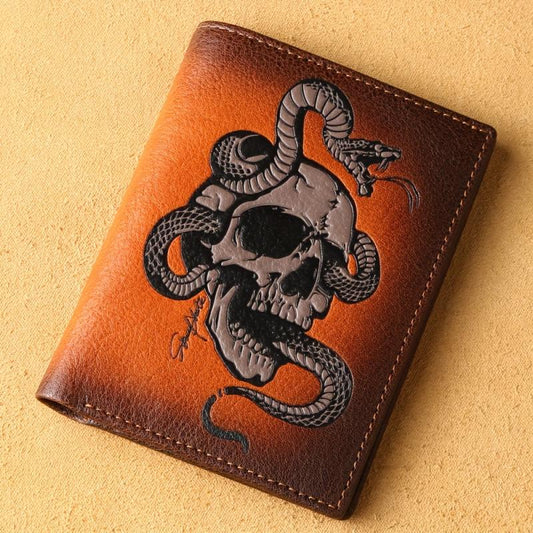 Men's Skull Pattern Wallet Top Layer Cowhide Leather Punk Wallet