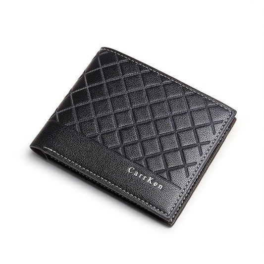 Men's Leather Short Wallet Money Clip Argyle Pattern Card Holder