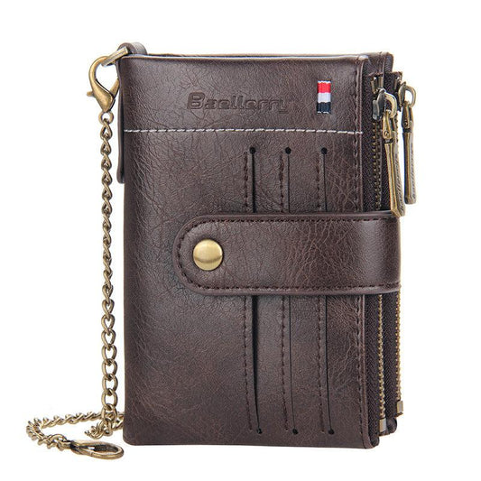 Men's Leather Wallet Short Wallet with Anti Theft Chain