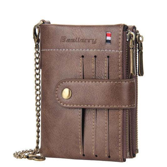 Men's Leather Wallet Short Wallet with Anti Theft Chain