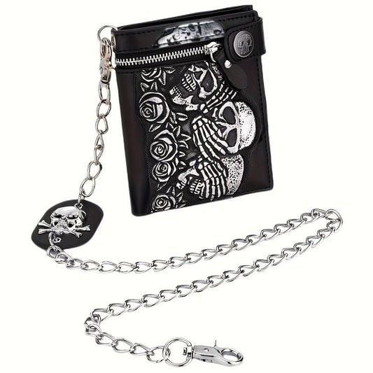 Punk Rocker Skull Leather Card Holder Zipper Wallet with Chain