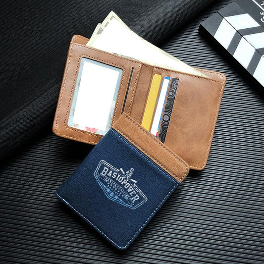 Men's Short Wallet Three Fold English Letter Canvas PU Leather
