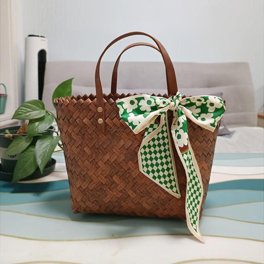 Vintage Bamboo Woven Hand Bag Scarf Decor Stylish Tote Bag Women's Satchel Purse