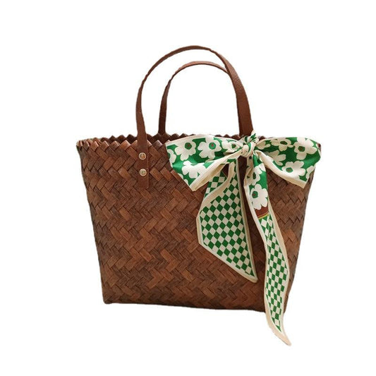 Vintage Bamboo Woven Hand Bag Scarf Decor Stylish Tote Bag Women's Satchel Purse