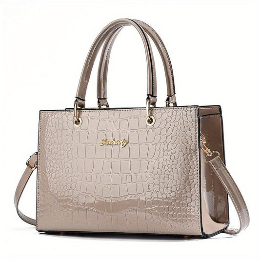Crocodile Pattern Handbag Women's Glossy Satchel Purse Large Capacity