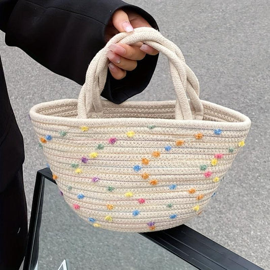Minimalist Straw Satchel Bag With Colorful Dots Decor