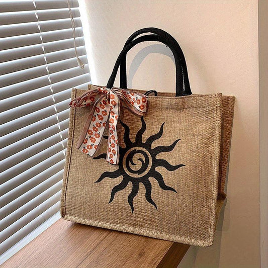 Vintage Printed Burlap Tote Bag Large Capacity Shoulder Bag