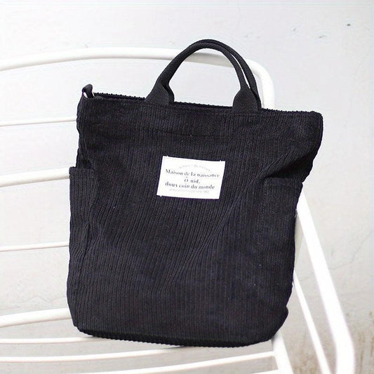 Retro Corduroy Tote Bag with Letter Patch Decor