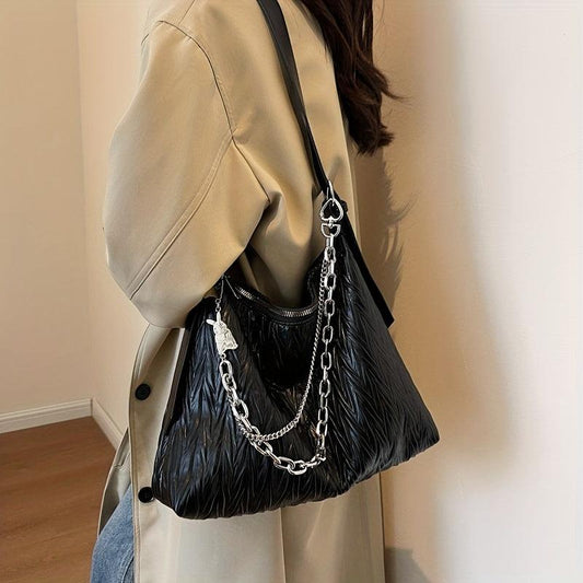 Ruched Hobo Bag Solid Shoulder Bag With Chain Strap