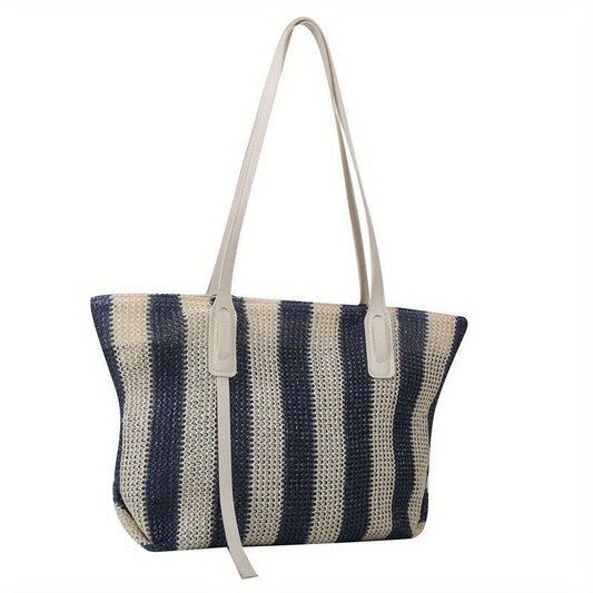 Summer Stripes Woven Straw Bag Contrast Beach Bag Large Capacity