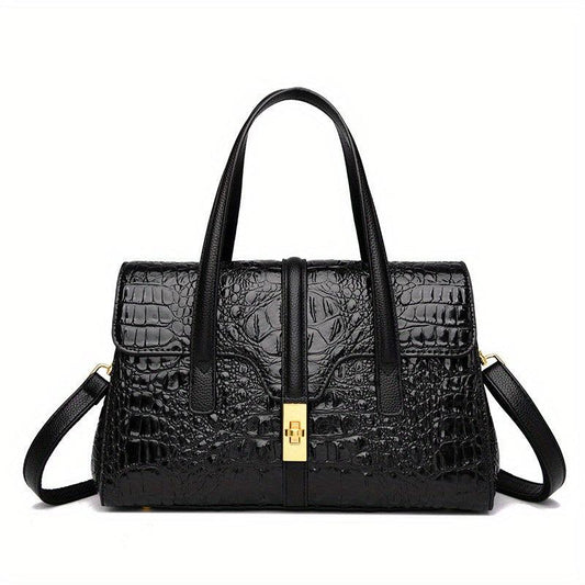 Crocodile Embossed Handbag Turn Lock Satchel Bag Faux Leather Shoulder Bag