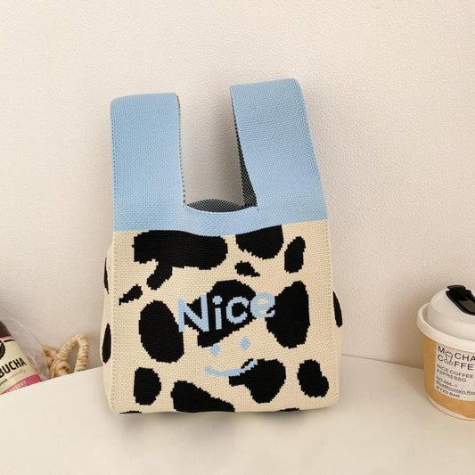 Cow Pattern Handbag Knitted Wrist Bag Flower Tote for Women