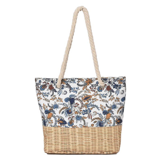 Floral Pattern Canvas Tote Bag Rattan Woven Summer Beach Bag