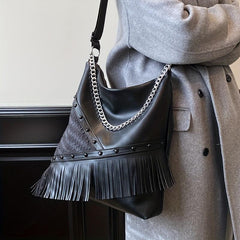 Punk Fringed Crossbody Bag Gothic Studded Shoulder Bag Chain Hobo Bag