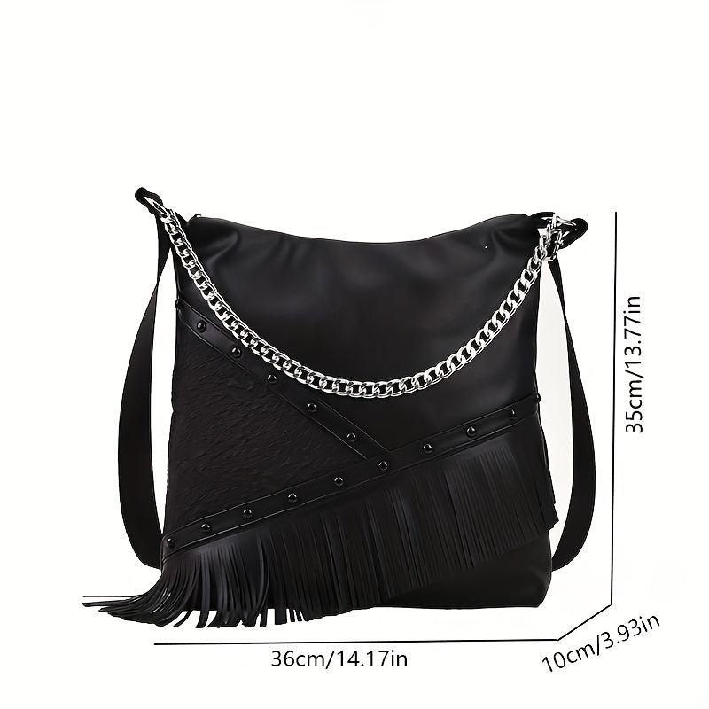 Punk Fringed Crossbody Bag Gothic Studded Shoulder Bag Chain Hobo Bag