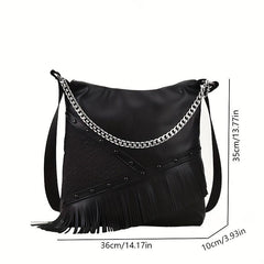 Punk Fringed Crossbody Bag Gothic Studded Shoulder Bag Chain Hobo Bag