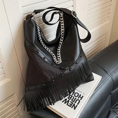Punk Fringed Crossbody Bag Gothic Studded Shoulder Bag Chain Hobo Bag