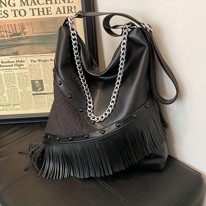 Punk Fringed Crossbody Bag Gothic Studded Shoulder Bag Chain Hobo Bag