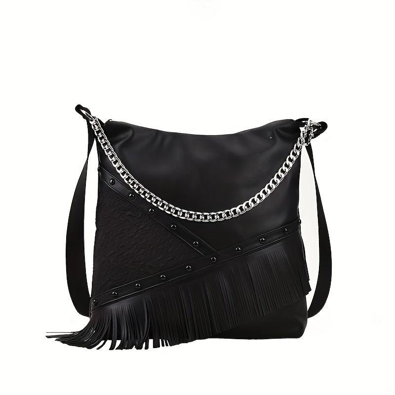 Punk Fringed Crossbody Bag Gothic Studded Shoulder Bag Chain Hobo Bag