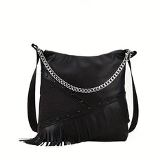 Punk Fringed Crossbody Bag Gothic Studded Shoulder Bag Chain Hobo Bag