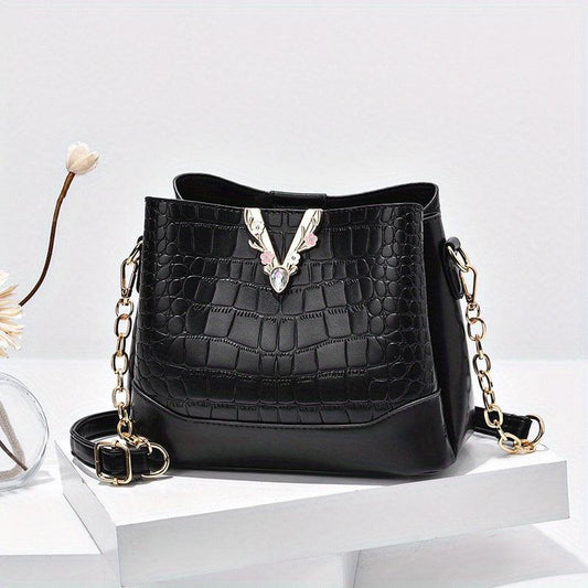 Crocodile Pattern Bucket Bag Chain Crossbody Bag Women's Metal Decor Purse