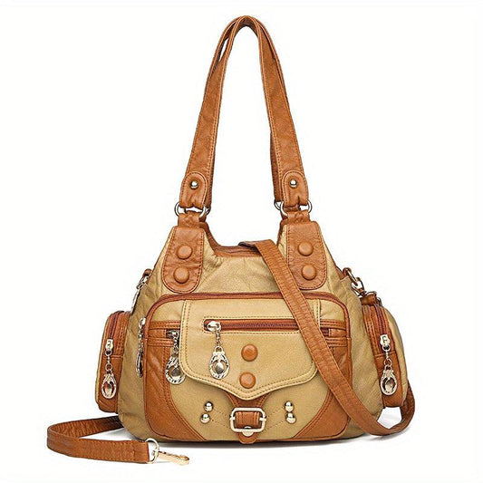 Vintage Hobo Shoulder Bag Zipper Handbag With Rivets Decor