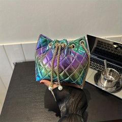 Quilted Drawstring Shoulder Bag with Chain Strap for Women