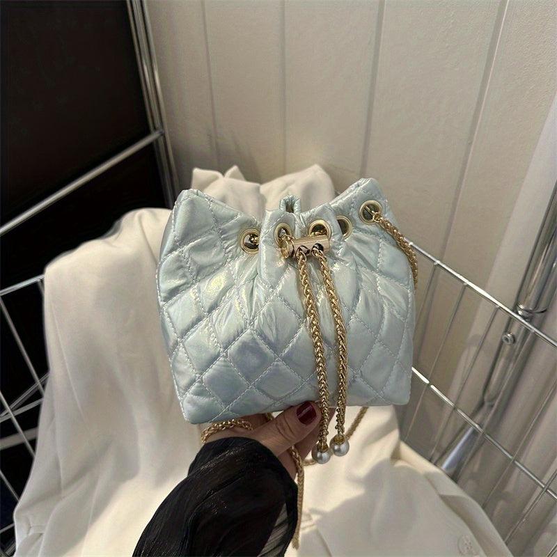 Quilted Drawstring Shoulder Bag with Chain Strap for Women