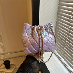 Quilted Drawstring Shoulder Bag with Chain Strap for Women