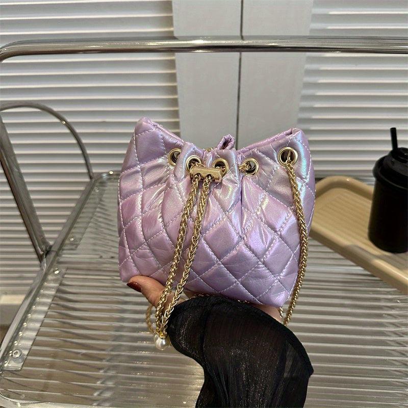 Quilted Drawstring Shoulder Bag with Chain Strap for Women
